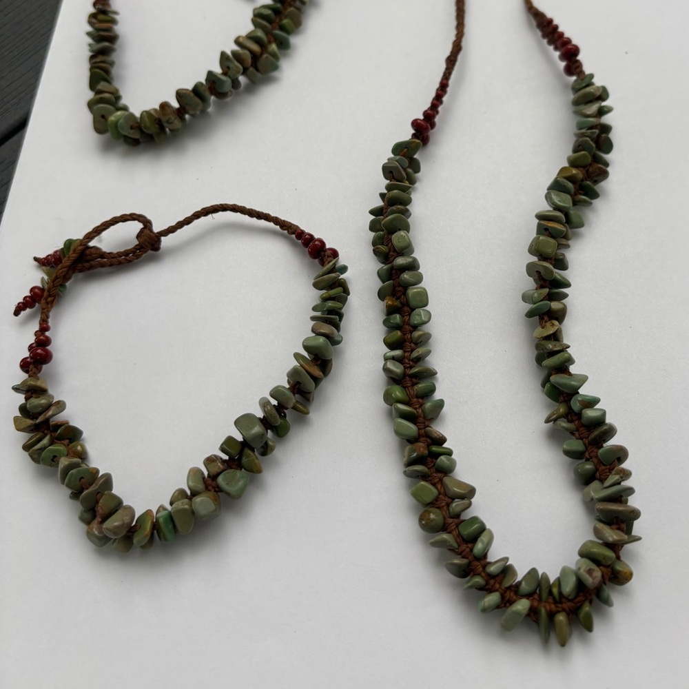 Set of 3: Green and Brown Natural Jade Stone Chips Beaded Necklace and Bracelets